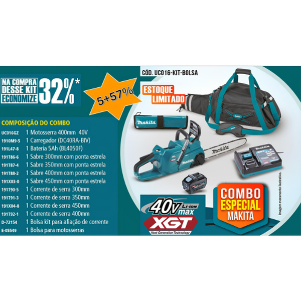 KIT MOTOSSERRA MAKITA UC016G Á BATERIA 40V 5.0Ah XGT COM