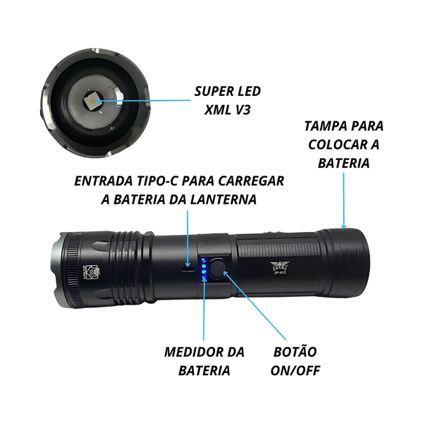 LANTERNA LED JYX RECARREGAVEL COM FOCO AJUSTAVEL JY-A12 XML V3