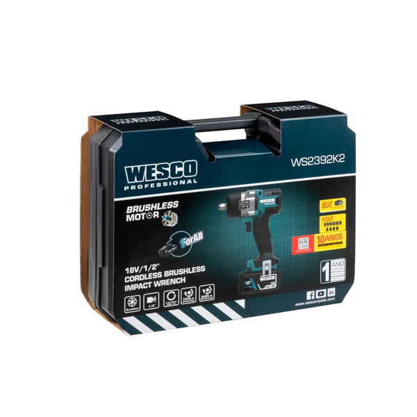 CHAVE DE IMPACTO Á BATERIA WESCO 18V COM 2 BATERIAS 4.0 AH 1/2